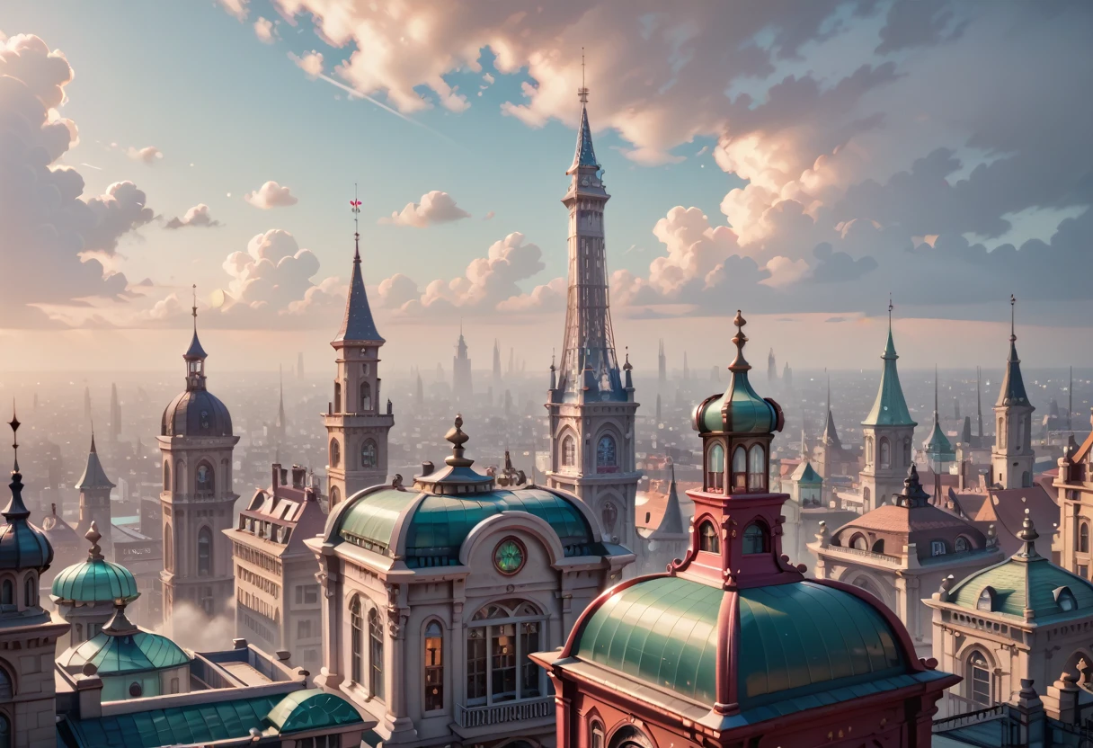 port city, victorian city, tower, vampire aesthetic, foggy, summer, green ocean, masterpiece quality, ultra HD, 4K, best quality