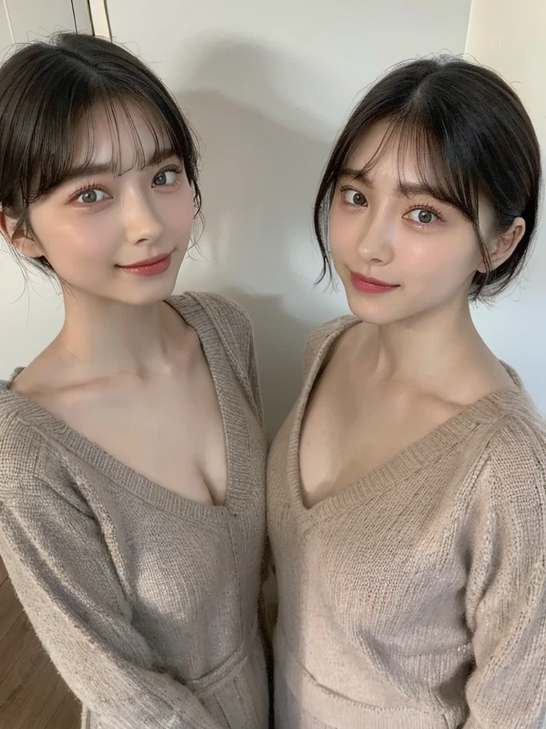 (masterpiece:1.3), (8k, Photoreal, Raw photo, best image quality: 1.4), Japanese high school girl、(random hairstyle:1.2)、cleavage:1.5、super detail face、eye for details、double eyelid、chest to chest、sharp focus:1.2、Beautiful woman:1.4、light brown hair、highest quality、masterpiece、超A high resolution、(Photoreal:1.4)、Highly detailed and professionally lit smiles、loose and light knitwear、shoulder out、thin、serious expression、short haired、deadly position
similar identical twins
All the girls have the exact same face, The two have the same face and figure, as if they were mirror images.