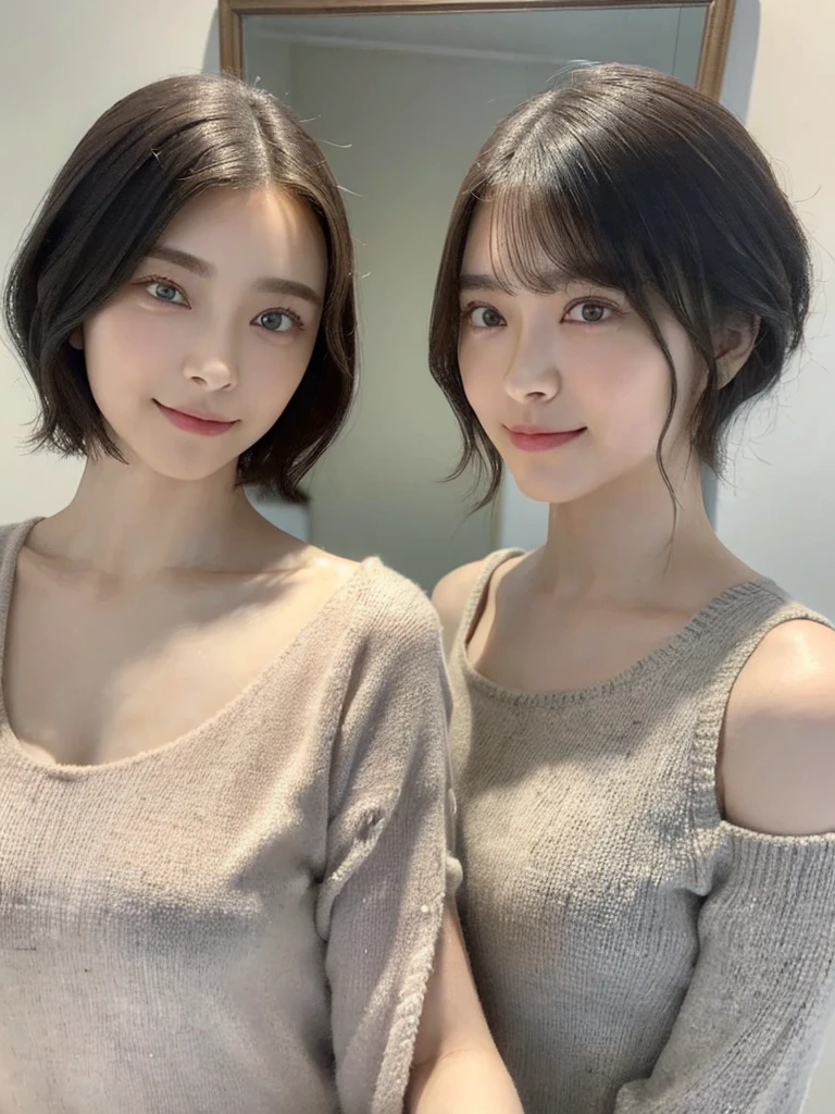 (masterpiece:1.3), (8k, Photoreal, Raw photo, best image quality: 1.4), Japanese high school girl、(random hairstyle:1.2)、cleavage:1.5、super detail face、eye for details、double eyelid、chest to chest、sharp focus:1.2、Beautiful woman:1.4、light brown hair、highest quality、masterpiece、超A high resolution、(Photoreal:1.4)、Highly detailed and professionally lit smiles、loose and light knitwear、shoulder out、thin、serious expression、short haired、deadly position
similar identical twins
All the girls have the exact same face, The two have the same face and figure, as if they were mirror images.