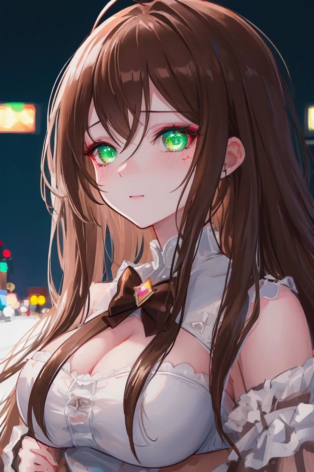 Моника из Doki Doki Literature Club, half body portrait, long brown hair with a big white bow, expressive green eyes, seductive accent on 2-3 size breasts, partially open and emphasized by a low neckline, revealing street style clothing, figure-hugging, provocative background - neon lights of the night city, glittering signs and bright lights, dark makeup, Digital art, trending on artstation, highly detailed, difficult, attractive detailed glow, cinematic light, a high resolution, detailed facial features, sharp focus, smooth, aesthetic