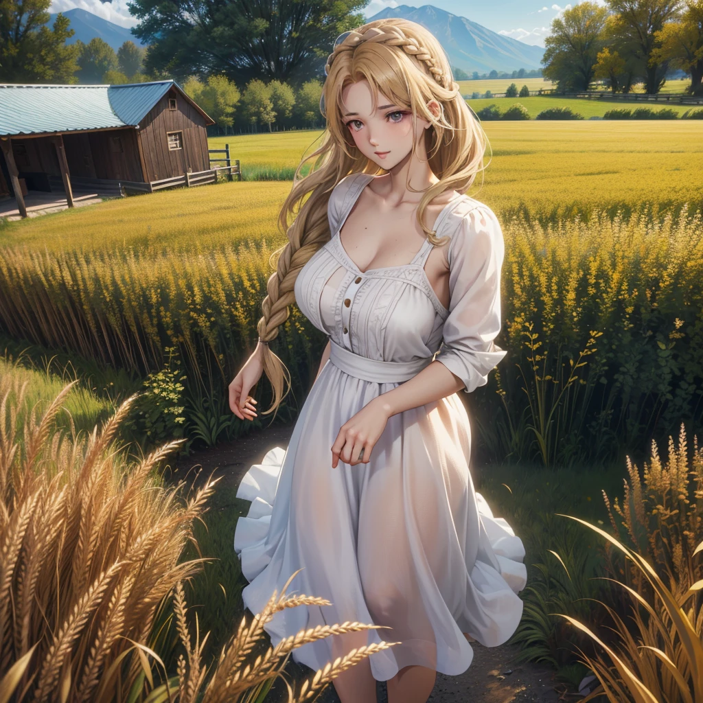 1 Girl, 20 years old, Tall,Glamorous, Wear a cute country dress, Hair braiding, Standing in a rustic farm setting. She has a soft, gentle smile and expressive eyes. Charming barn in the background, Golden wheat fields and clear blue sky. The composition should be bathed in warm golden hour light, Gentle depth of field and soft bokeh highlight the idyllic tranquility. Capture images,Just like shooting with old 35mm film,Add charm, Movie,