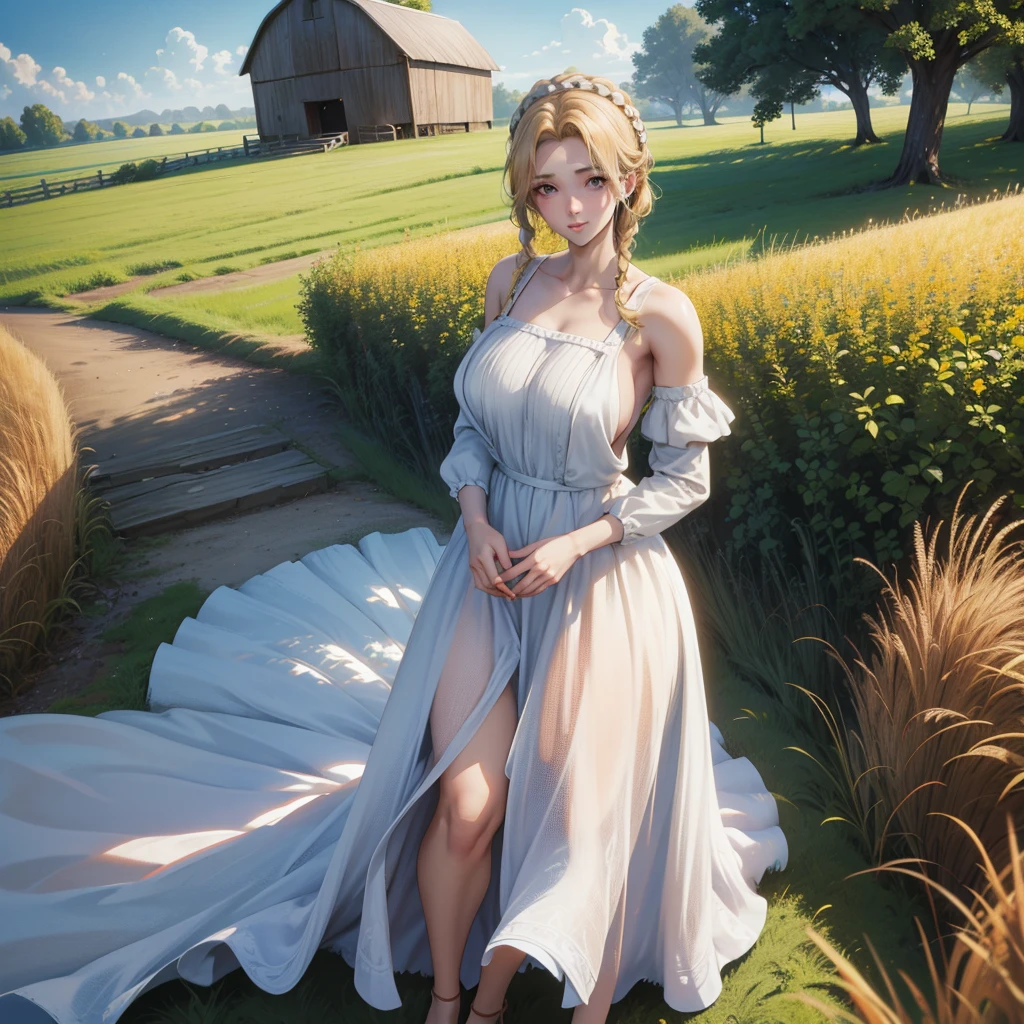 1 Girl, 20 years old, Tall，Glamorous, Wear a cute country dress, Hair braiding, Standing in a rustic farm setting. She has a soft, gentle smile and expressive eyes. Charming barn in the background, Golden wheat fields and clear blue sky. The composition should be bathed in warm golden hour light, Gentle depth of field and soft bokeh highlight the idyllic tranquility. Capture images，Just like shooting with old 35mm film，Add charm, Movie,