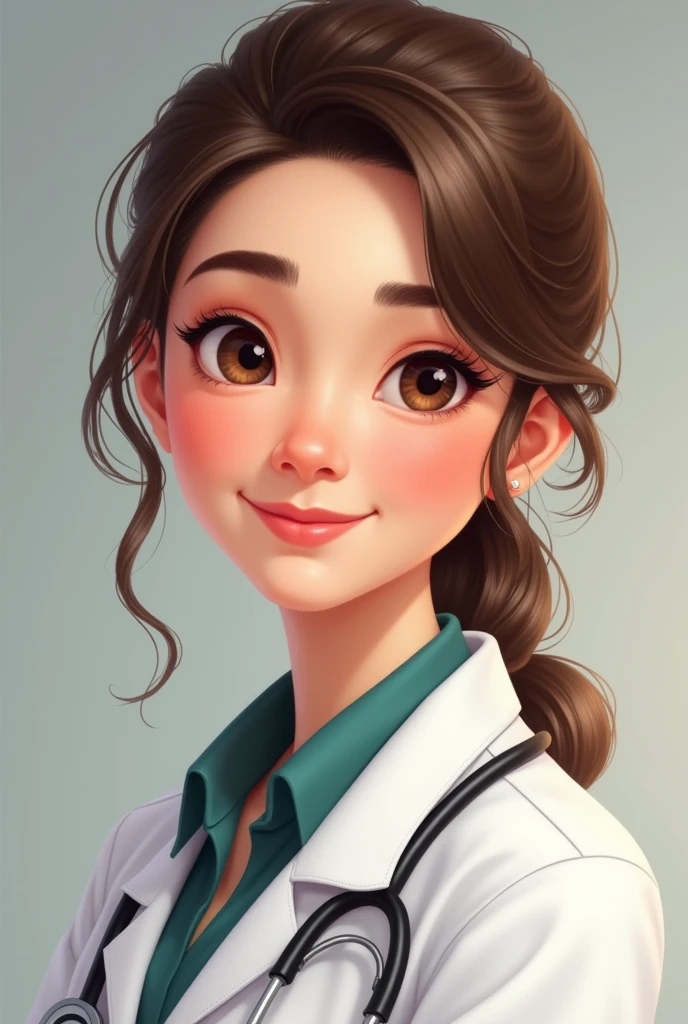 Can you make me a doctor?, that is brown hair, Brown eyes , bushy eyebrows, makeup on the cheeks and rosy skin