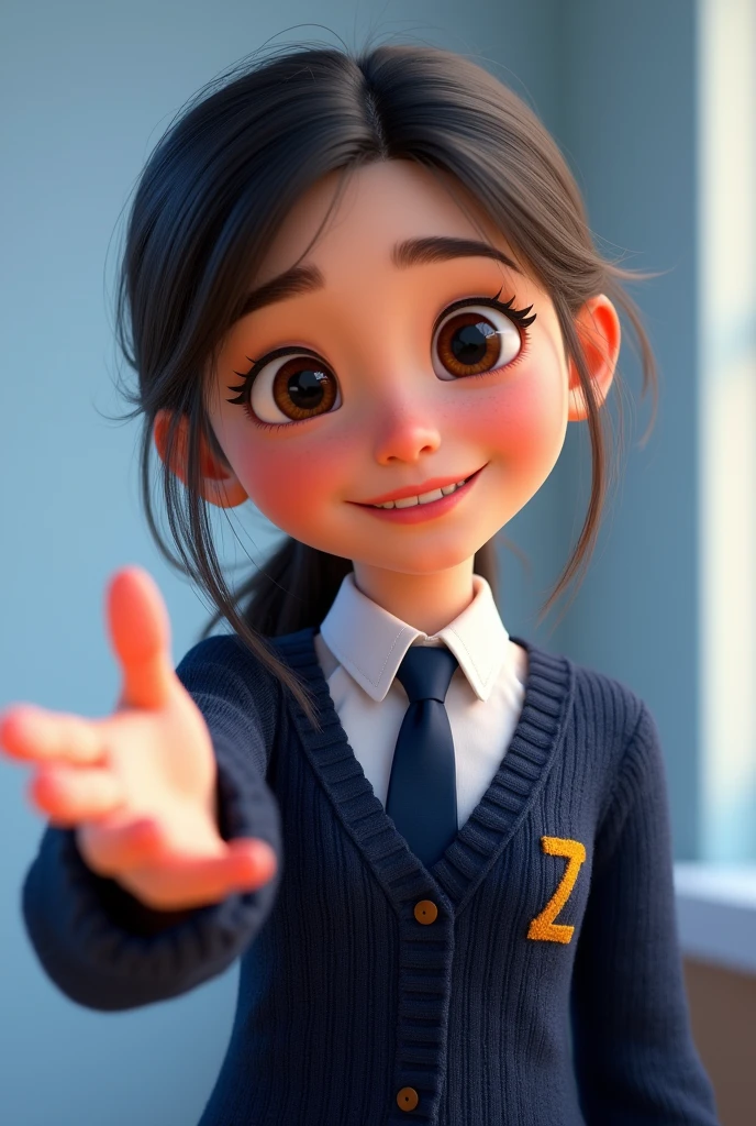 GENERATE A FEMALE PIXAR STUDENT HAPPY
OPEN SWEATER WITH BUTTONS DARK BLUE WITH A SMALL AND THIN MUSTARD LETTER Z ON THE RIGHT ,   DARK BLUE TIE AND WHITE SHIRT WITHOUT JACKET, showing something with the hand