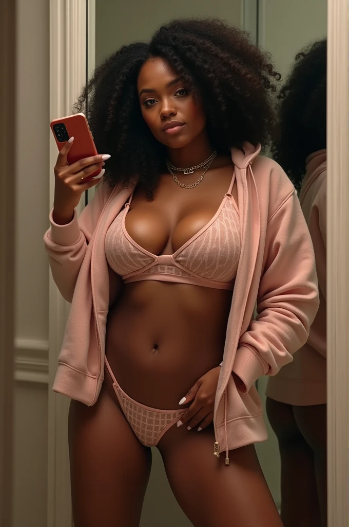 Fille afro-américaine noire surréaliste de 23 ans, avec des taches de rousseur, gros cul, gros seins, courbes de sous-vêtements Instagram Snapchat en mode influenceur, culona, ​​sefi, hyper réaliste, mari et femme, look , provocation, salle de bain, miroir, iPhone, Tanga Short 4k, 2 pièces de sports décontractés en plein air, veste à capuche à manches longues et pantalon décontracté à cordon de serrage assorti, vêtements de sport pour femmes, salle de sport, vêtements moulants, 8k