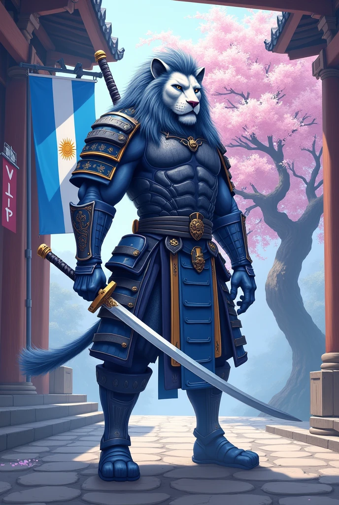 Samurai Lion in an  Japanese dojo, modern art, hand-drawn, gray, blue and white colors, Lion warrior, traditional Japanese architecture, cherry blossom tree in bloom, intricate samurai armor, katana sword, focused expression, whit big head dynamic pose, detailed linework, soft pastel shades of  blue, and lavender, artistic interpretation, ArtStation. Whit the very big argentina flag and with a big sign that says ViP