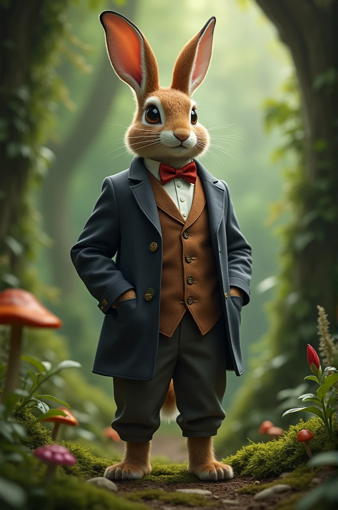 Rabbit wearing clothes. Natural dark green background