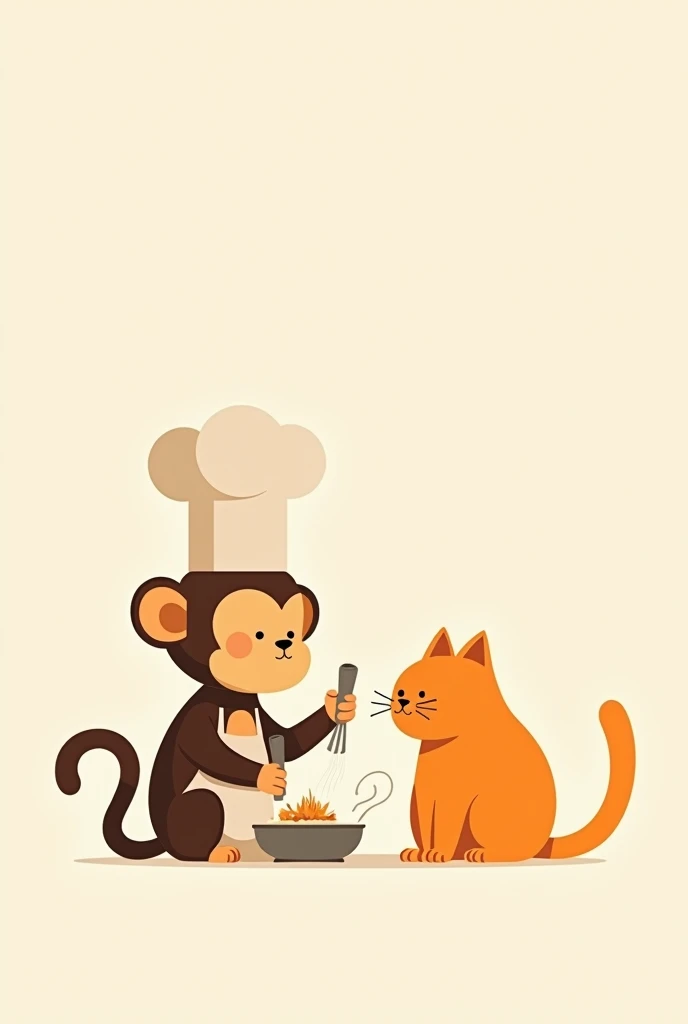 A simple minimalist 2d drawing of a brown chef monkey next to an orange cat 
