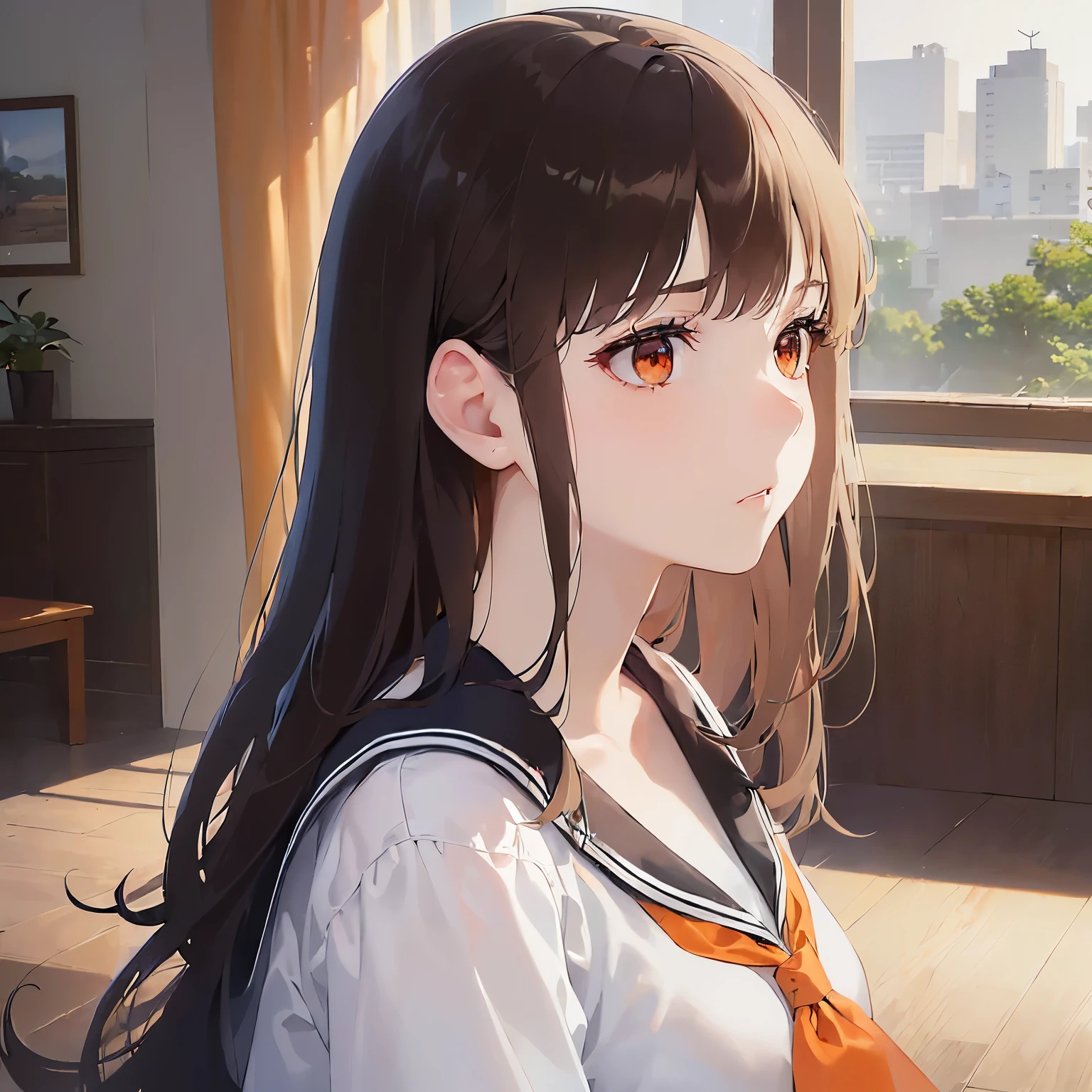 (looking away:1.5)Upper Body, profile、
Realistic, real person, (pale skin: 1.2), RAW photo, photorealistic, shiny skin, shiny hair、
(A 20-year-old woman with medium-length hair and bangs) and (wavy hair) and (brown hair) and (orange eyes),
Sailor suit、
sad,The background is the living room、(alone:1.5)