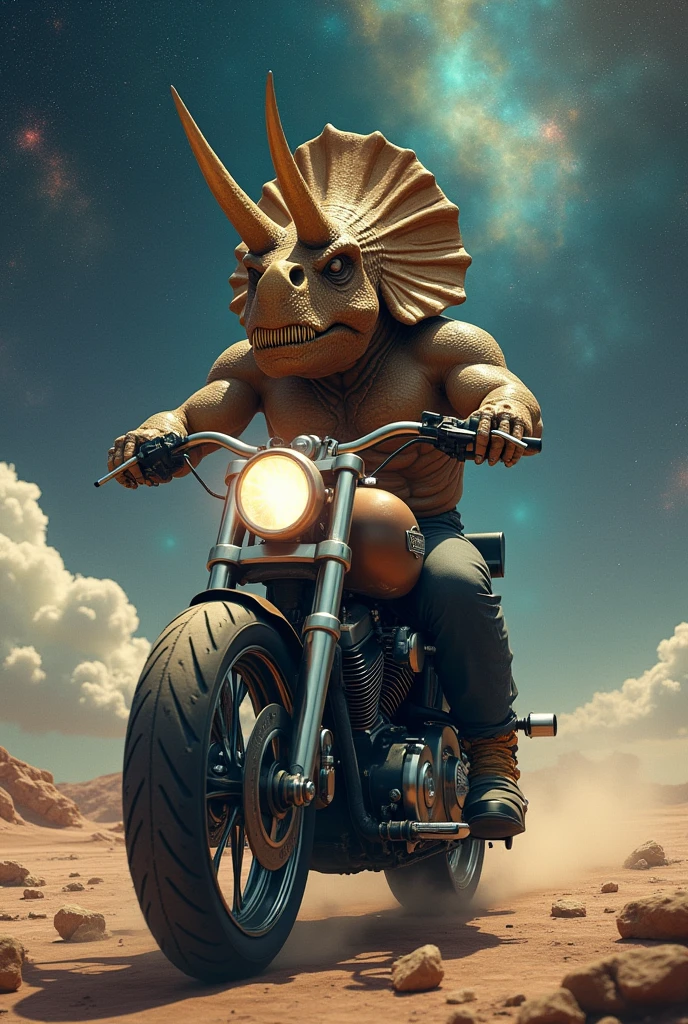 Interstellar dinosaurs,Triceratops head，The human body，Riding a Harley motorcycle