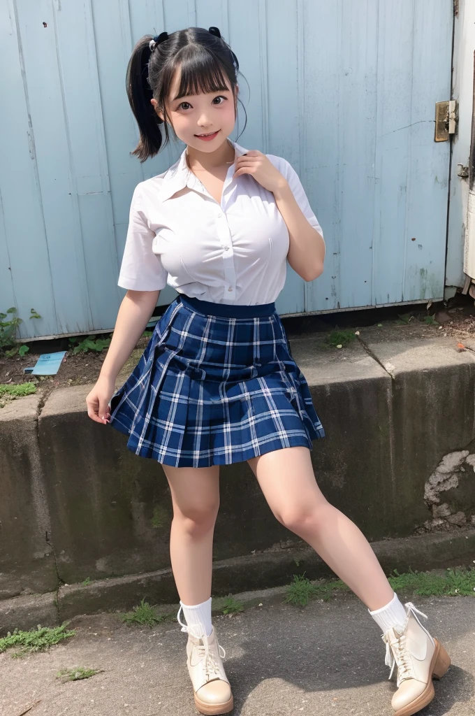Highest quality, masterpiece, RAW Photos, Realistic, Realistic:1.2, Japanese、、13 years old,Innocent Girl,cute,、Baby Face、smileockabilly Fashion:1Fashion in the 1950s、Retro American Fashion)、Are standing、Dynamic pose、(Full body photo、footwear)、Smooth ponytail、Black Hair、Thin thighs、(Big Breasts:1.2)