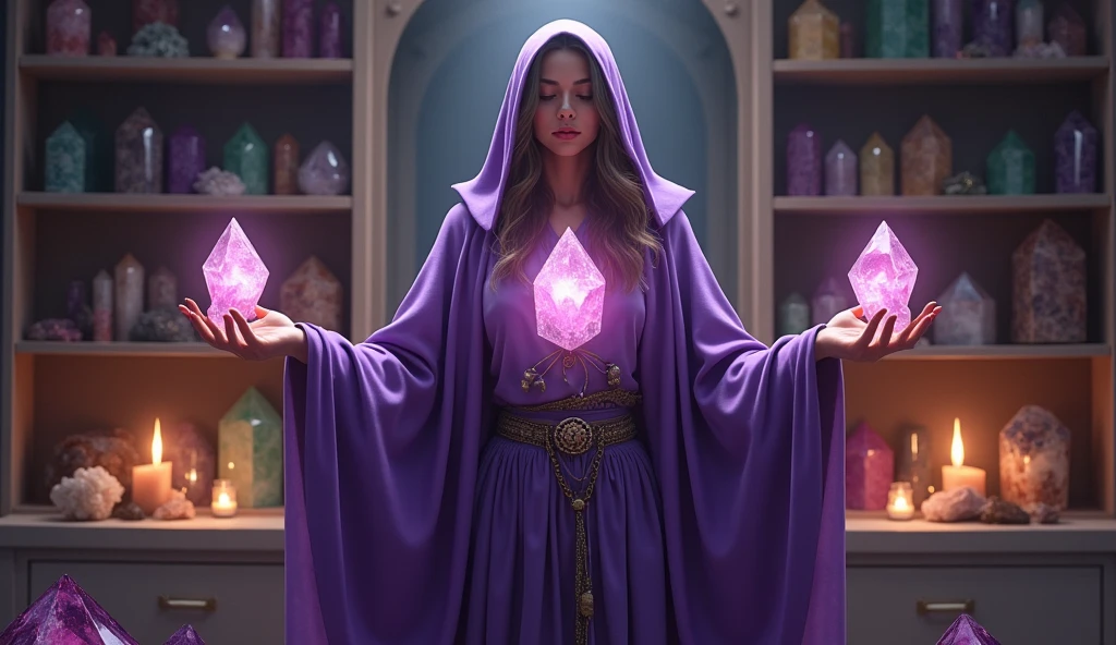woman in violet priestess cape energizing her home with HIGH crystals, IN your perfect hands with 5 fingers each hand, large pyramid shaped crystal, convey depth, in the background a cabinet full of crystals of different colors, sizes and shapes, in the scene small lit candles and aromatic herbs