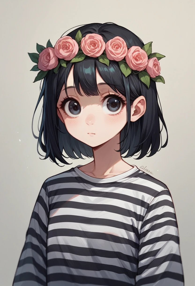 girl, cartoon, illustration, portrait, black hair, flower crown, striped shirt, big eyes, cute