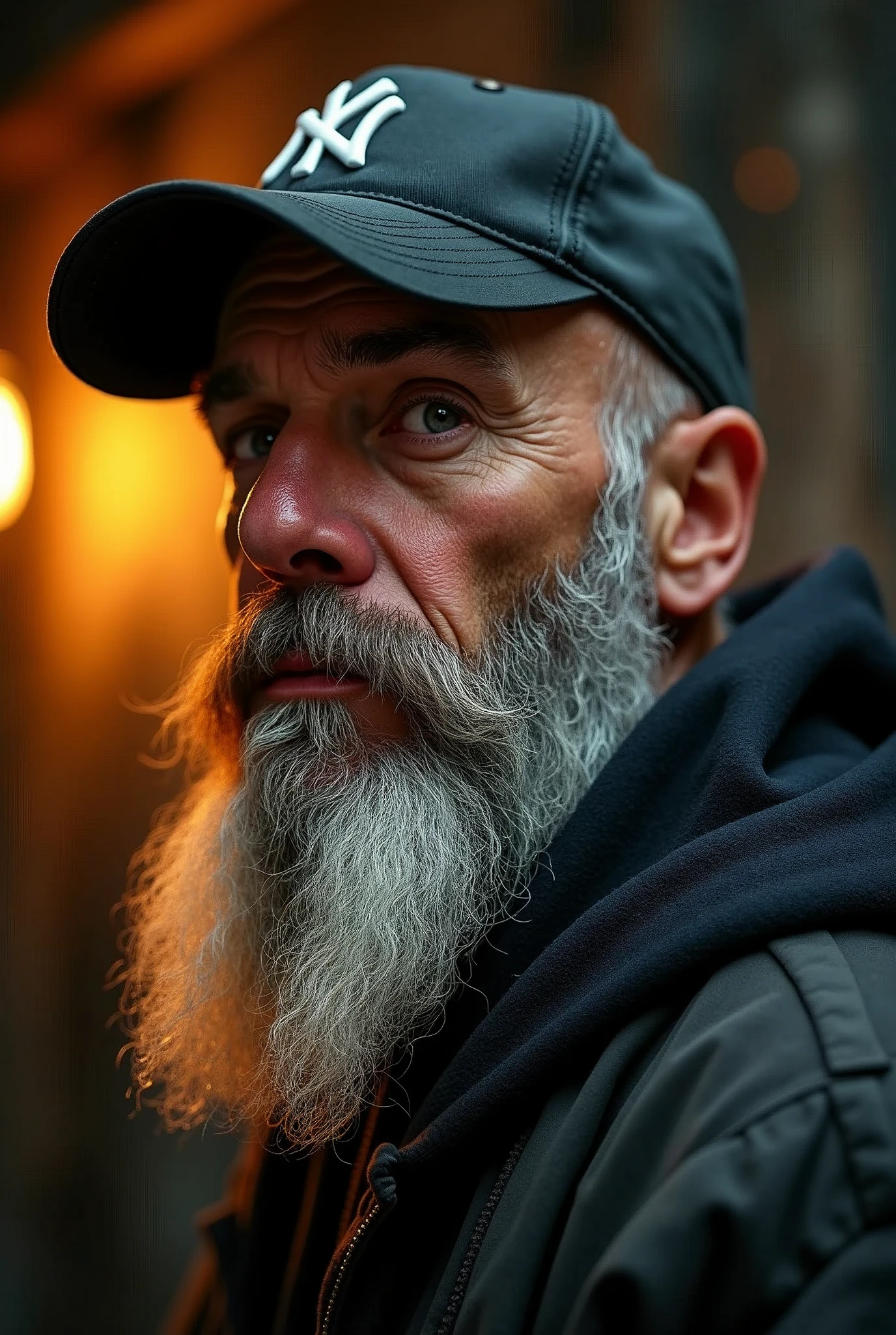 a 50 year old bald man wearing a NY cap, long beard, casual clothing, (best quality,4k,8k,highres,masterpiece:1.2),ultra-detailed,(realistic,photorealistic,photo-realistic:1.37),detailed portrait,intricate facial features,dramatic lighting,warm color tones,cinematic composition