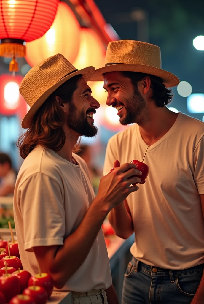 Viewed diagonally from above. Jesus Christ and a Japanese man are eating candy apples. They look wise and wise and laugh happily. Their faces convey deep wisdom and empathy, exuding warmth and understanding. They are wearing white T-shirts, jeans, and straw hats. Jesus of Nazareth is depicted as a gentle, gentle man with shoulder-length hair. His wavy brown hair flows over his shoulders. The Japanese man's face shows deep wisdom and empathy, and he is depicted as a kind-hearted Japanese man with a Buddha-like shaved head and a calm and cheerful expression. they are shining. Surrounded by rainbow-colored light. Candy apples from a food stall. Red lanterns are hanging on the stalls. Photography, close-up, highly detailed, trending at the art station, sharp focus, studio shot, intricate details, Greg Rutkowski,