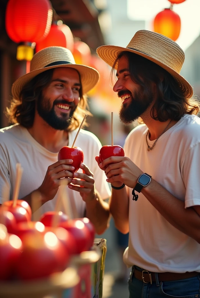 Viewed diagonally from above. Jesus Christ and a Japanese man are eating candy apples. They look wise and wise and laugh happily. Their faces convey deep wisdom and empathy, exuding warmth and understanding. They are wearing white T-shirts, jeans, and straw hats. Jesus of Nazareth is depicted as a gentle, gentle man with shoulder-length hair. His wavy brown hair flows over his shoulders. The Japanese man's face shows deep wisdom and empathy, and he is depicted as a kind-hearted Japanese man with a Buddha-like shaved head and a calm and cheerful expression. they are shining. Surrounded by rainbow-colored light. Candy apples from a food stall. Red lanterns are hanging on the stalls. Photography, close-up, highly detailed, trending at the art station, sharp focus, studio shot, intricate details, Greg Rutkowski,