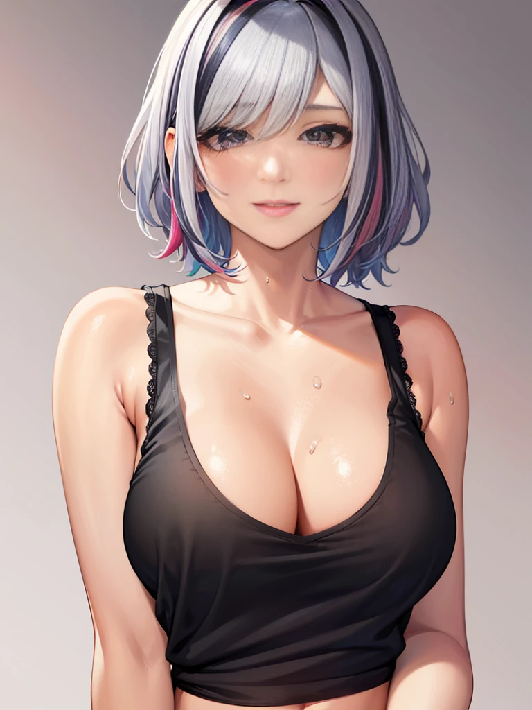 masterpiece, 8K, detailed smooth skin, flawless complexion, soft detailed skin, clear gray eyes, glasslike eyes, silky smooth skin, beautiful and oily hair, (colorful hair:1.4), short hair, lace tank top, (black tank-top:1.3), summer outfit, sweat, medium breast, cleavage:0.8, simple background, smile
