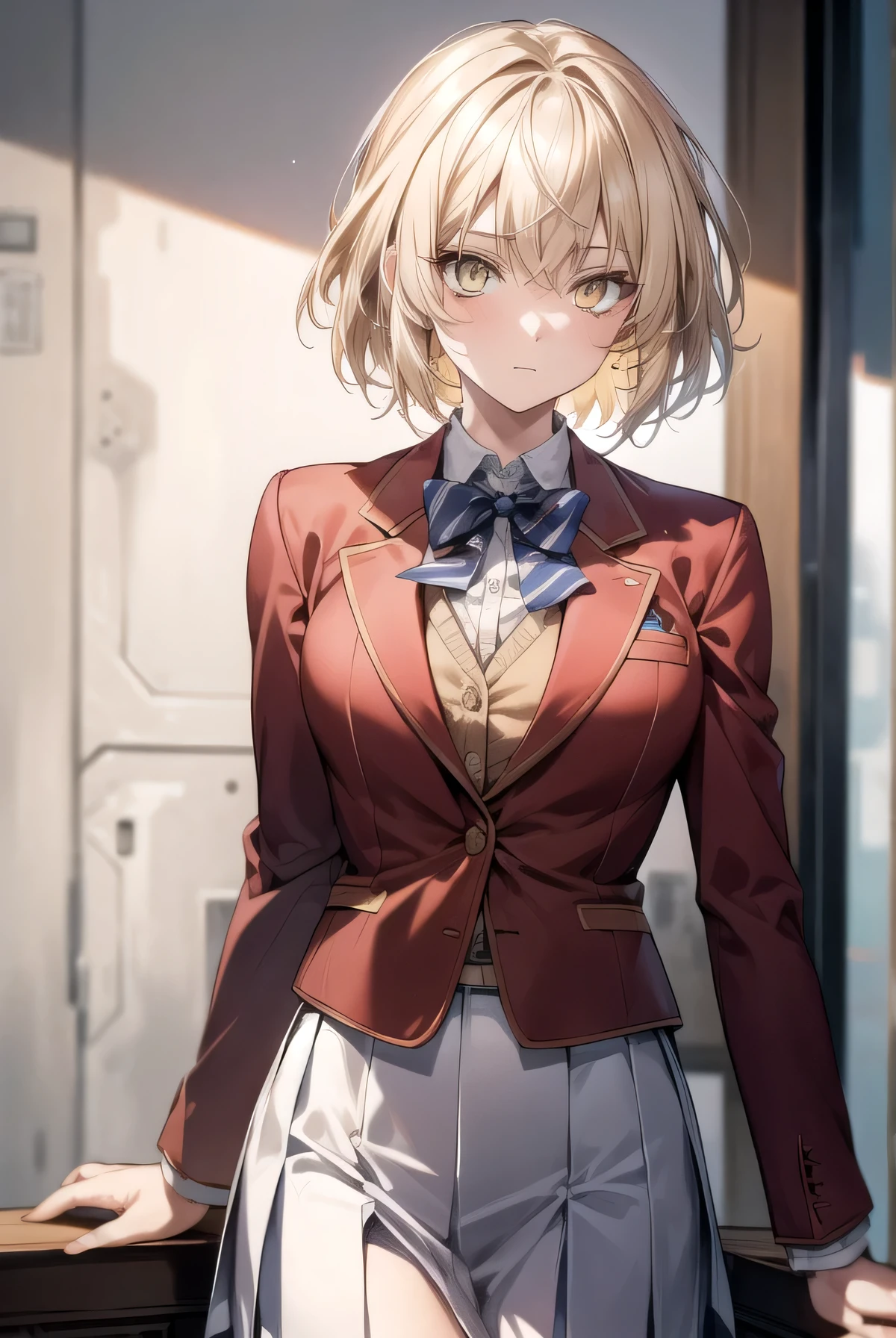 Messy hair, short blonde hair, (yellow eyes:1.3),
BREAK bow, school uniform, jacket, bowtie, blue bowtie, blazer, (red blazer:1.5), skirt, white skirt,
BREAK outside 
BREAK looking at viewer, (cowboy shot:1.5),
BREAK (masterpiece:1.2), best quality, high resolution, unity 8k wallpaper, (illustration:0.8), (beautiful detailed eyes:1.6), extremely detailed face, perfect lighting, extremely detailed CG, (perfect hands, perfect anatomy), cool posture 