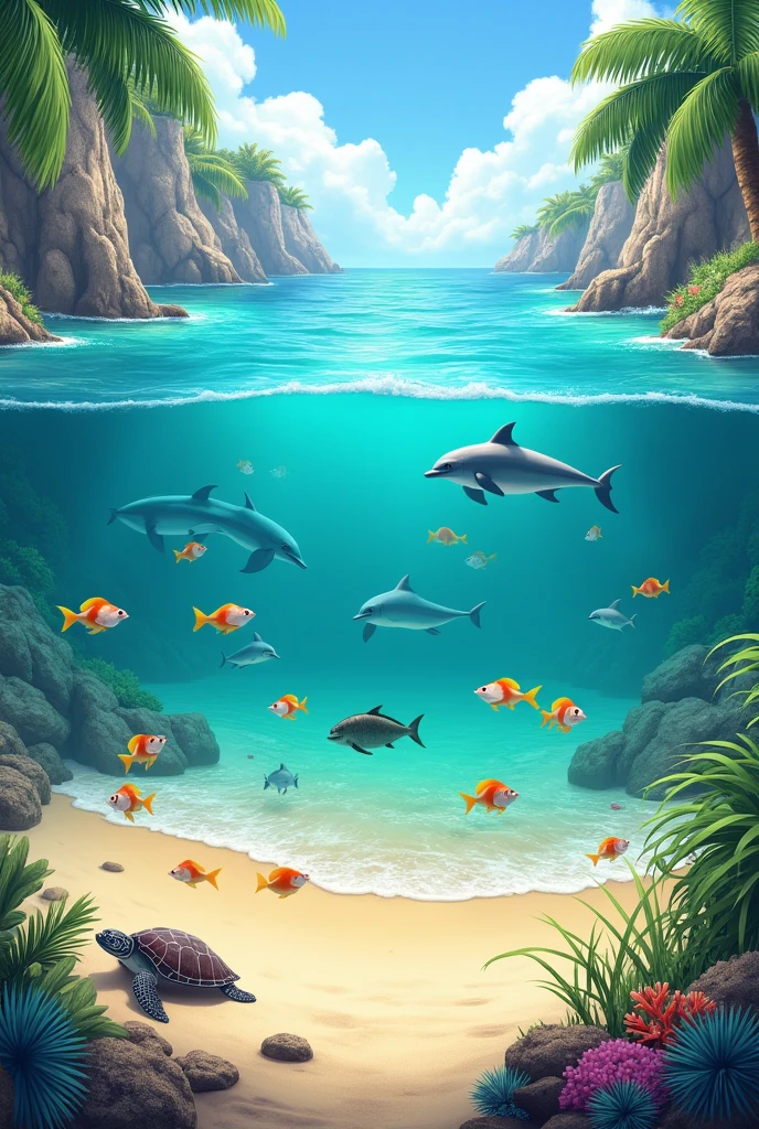 A beach with marine animals