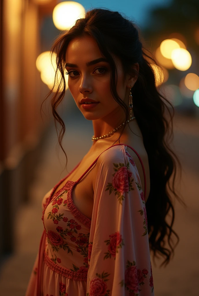 a full body portrait of beautiful curvy woman,30 year old, dynamic pose, ultra realistic face, perfetct eyes, ultra realistic hair, hair with great details, face photorealistic, perfect face, perfect anatomy, (skin with real texture of better quality: 1.4) solo, (turkish beauty) mixed race, full lips, (big eyes) (white floral satin pakistani clothes) (white floral silk pakistani dress) (tight satin trousers) (evening) lights, skin teture, pores, skin spots (scarf) tied hair (low light) (turkish beauty) latina, curves, casually posing, candid, low light, evening (street lights) ((lipstick)) fluffy turned, different candid poses, ((saturation -2)), vibrancy -1, character in various styles and poses, fluffy turned, sexually arousing, brown highlight hair, evening, ambient light, sunset time, sitting, kodak 400, film grain, noise, slight smile