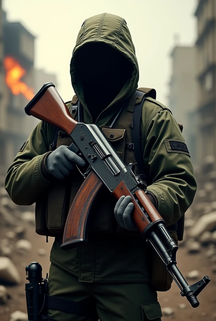 create an image of an AK-47 Weapon in detail, highlighting its robust and simple design. The weapon is in the hands of a soldier in a combat environment, emphasizing its durability and widespread use in conflicts around the world.