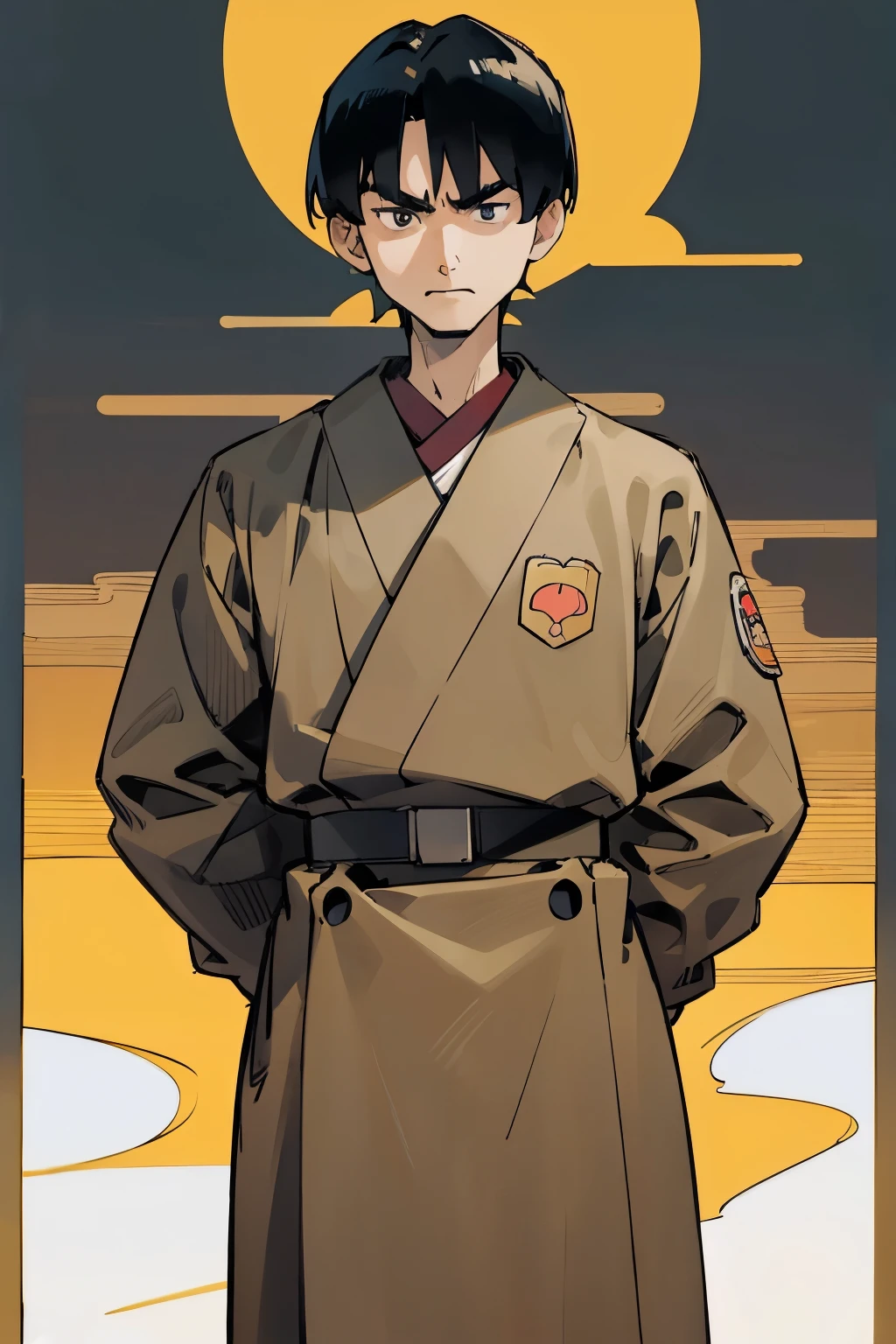 by Ken Sugimori, sugimori 1990s, ((only 1man)), adult, navy military uniform, Boshin war uniform, gold epaluets, scowling, ((hands behind their back)), full black pupils, manga, best quality, highly detailed, clean lines, cowboy shot, good hands, good eyes, hd, 8k, professional, symmetrical, hires, 8k,