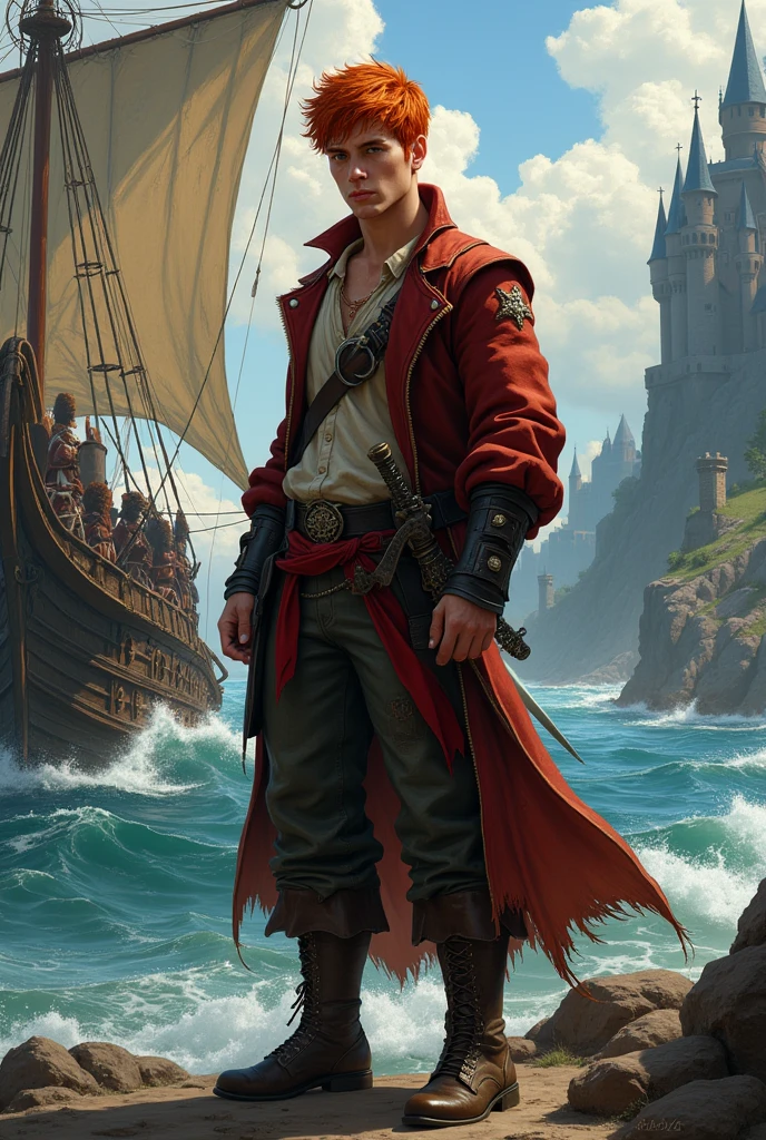 young adult man with red hair in medieval times and pirate