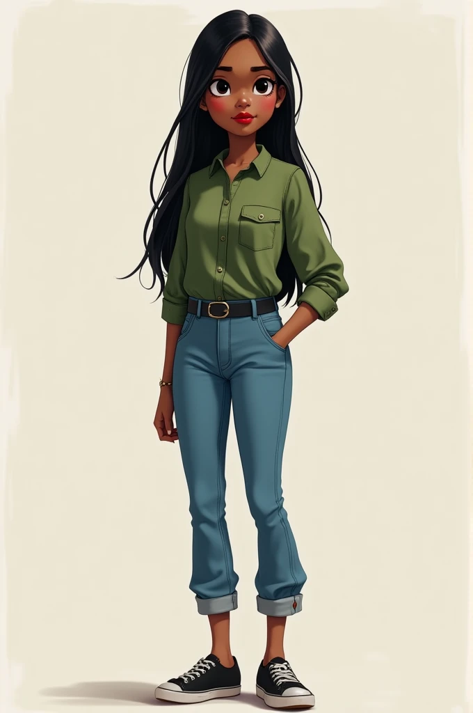 Minerva Merchant animated from head to toe, thin, 28 years old, with a dark complexion, big black eyes, long straight black hair, big red lips, wearing a long-sleeved green shirt with a pocket, with blue jeans, black sports shoes and a black belt..