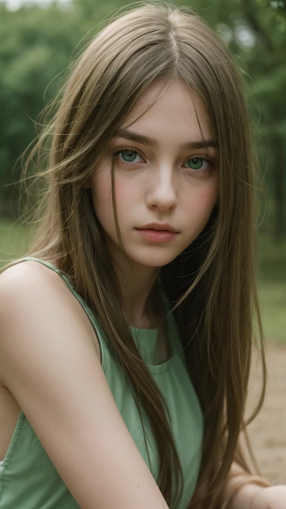 a portrait photograph of a beautiful ((16 year old)) woman, pale skin, green eyes, naked, award winning photo, best quality, portrait by annie leibovitz, canon 5d mark ii, film, professional photograph, (rich colors:1.1), hyper realistic, lifelike texture, (natural lighting:1.1), (Canon EF 85mm f/1.4L IS USM)