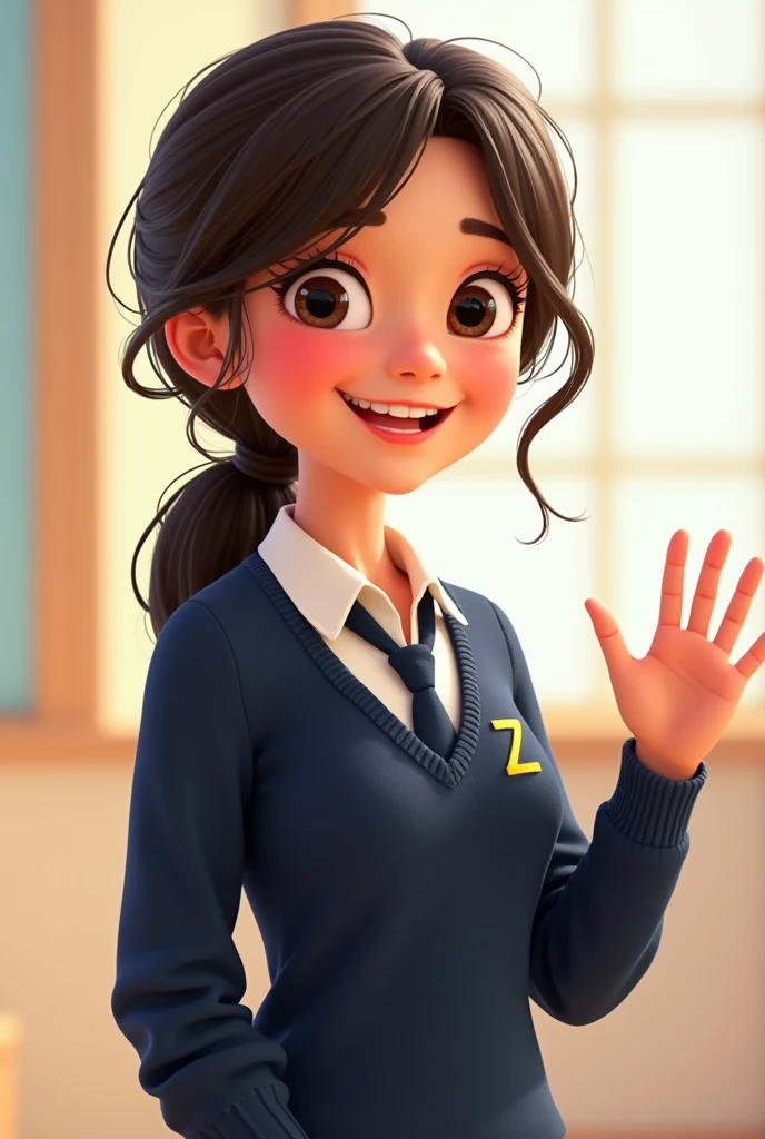 GENERATE A FEMALE PIXAR STUDENT HAPPY
OPEN SWEATER WITH BUTTONS DARK BLUE WITH A SMALL AND THIN MUSTARD LETTER Z ON THE RIGHT , DARK BLUE TIE AND WHITE SHIRT WITHOUT JACKET, showing something with the hand