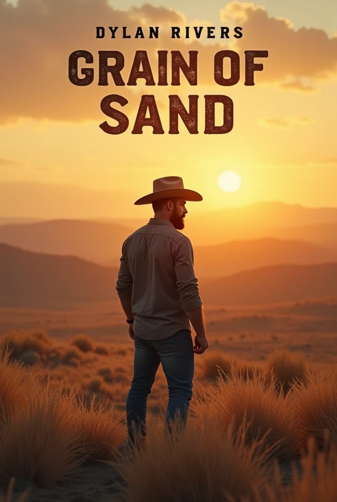 Cover for the song "Grain of Sand" de Dylan Rivers, redhead folk artist with defined body, with short beard and cowboy hat. The image shows a vast horizon and a setting sun. The rustic-style title font and soft lettering complement the song&#39;s intimate aura.. Dylan Rivers in the background, contemplating the horizon. The earthy and golden color palette conveys the simplicity and beauty of nature.