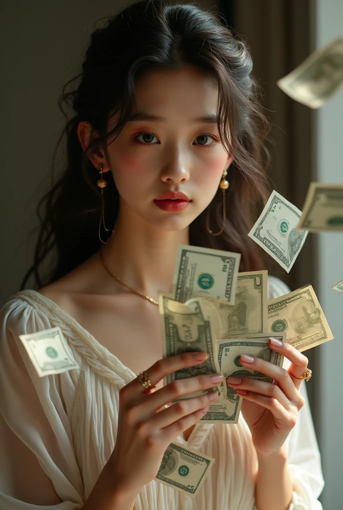 Create me a picture of a girl and some money