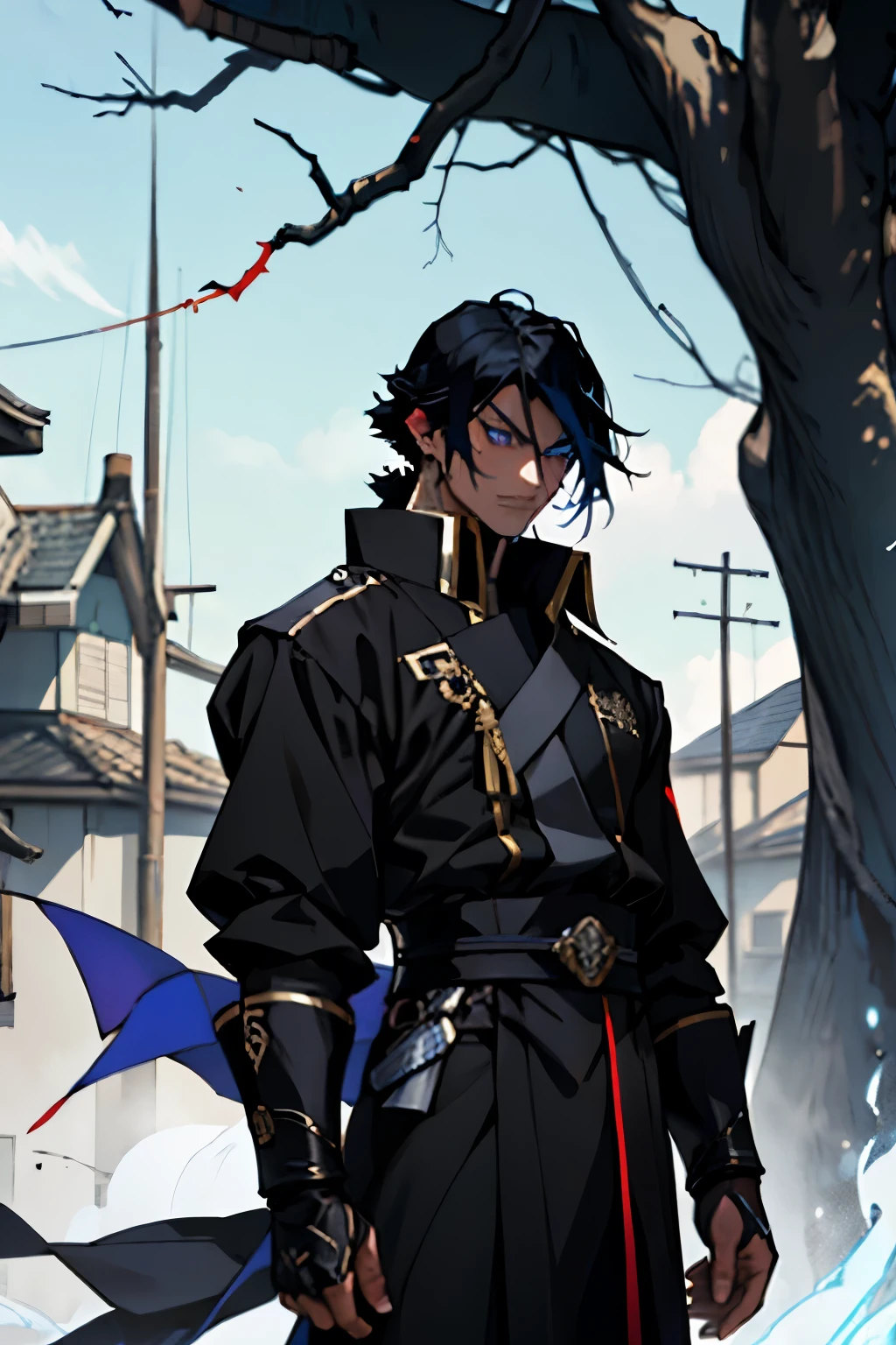 vampyre.offwhite. nobleman. confident. Black noble clothes with metallic details..shorth hair .Black hair with blue.Blue in the hair.hair blue. Predominantly black hair with blue. brawny, defined, Cao Cao, Fighter. navy blue eyes.standing alone. black pupil