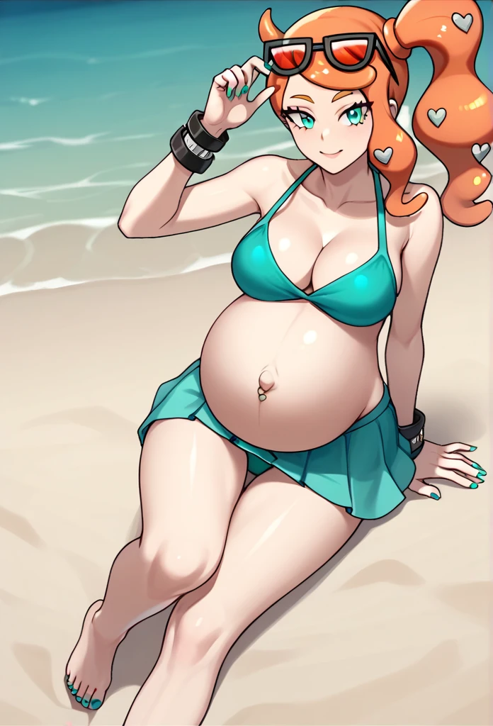 score_9, score_7_up BREAK solo,EPpkSonia,orange hair, side ponytail, aqua eyes, long hair, eyewear on head, sunglasses, heart hair ornament, aqua bikini, pregnant, big belly, Belly button piercing, cleavage, bracelet, collarbone, panties, nail polish, aqua nails, aqua toenails, beach, belly rub, Hawaii skirt