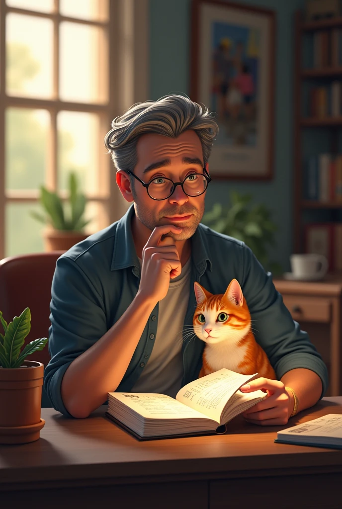 A man and a cat looking at a schedule book