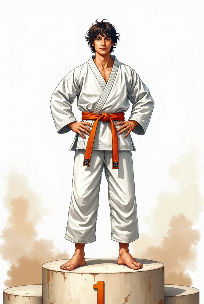Young white man with slightly long black hair on the podium in first place in karate, orange belt, all this in drawing