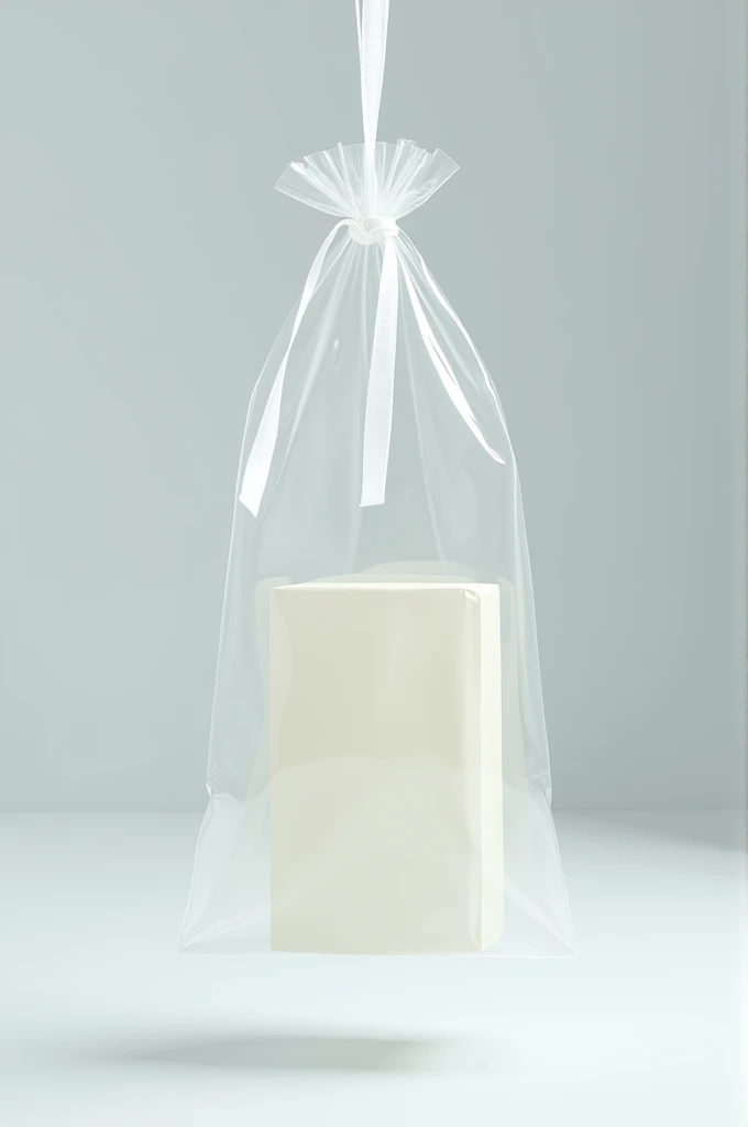 Create an image of an empty transparent cellophane bag tied at the top with a white ribbon and a piece of paper hanging from that white ribbon.