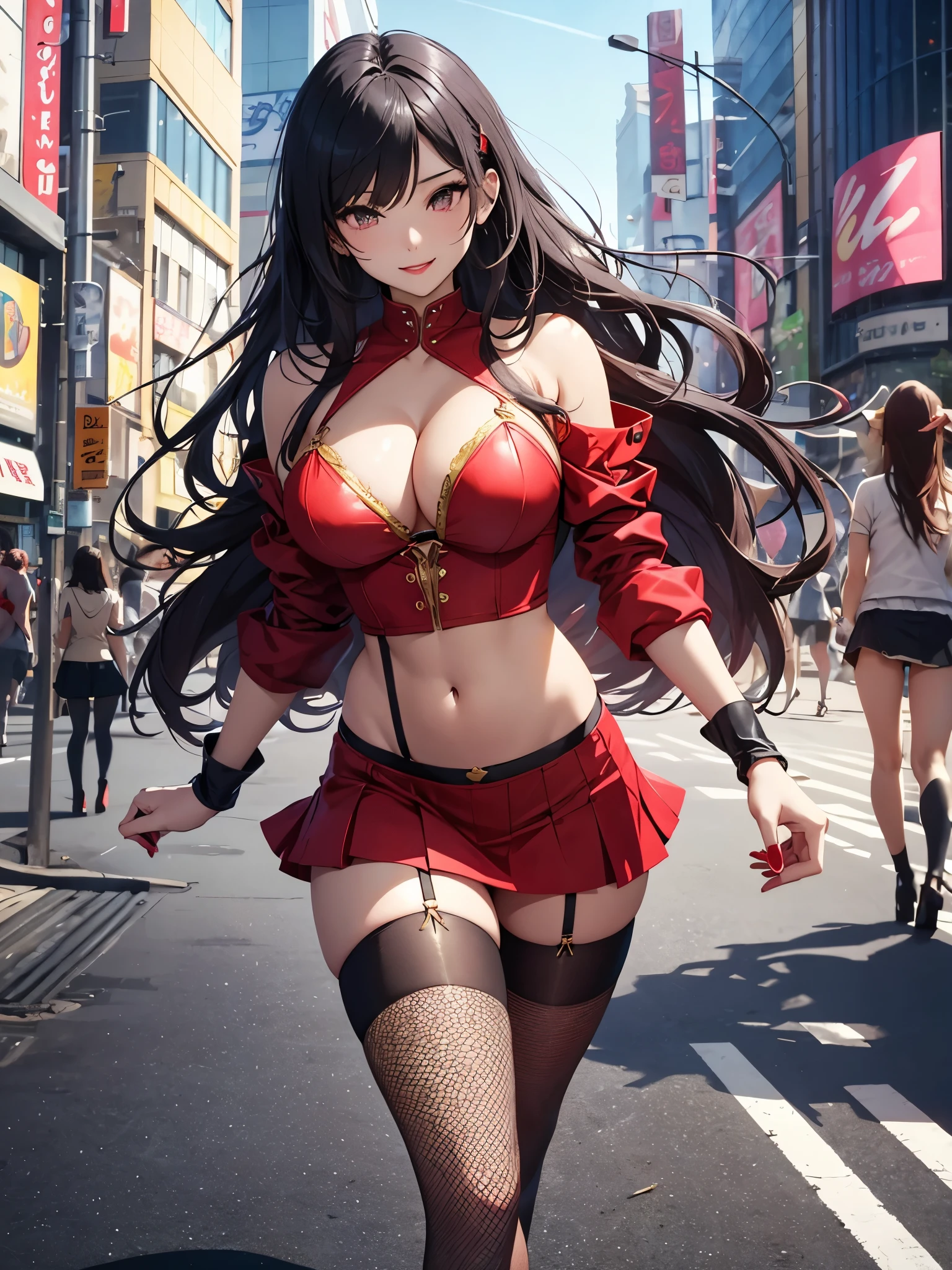 High definition、Highest quality、Skin like in the picture、Flowing hair texture、Red lips、G-cup bust、Smiling Beauty、Blue and gold summer clothing、In the city of Shibuya、Colorful garter belts and fishnet stockings、A woman being covered in a large amount of milky liquid、vibrator、Navel exposed、Short skirt、T-back shorts、whole body、Beautiful woman walking、Thighs、Cleavage、Red stiletto heels、Nice body、