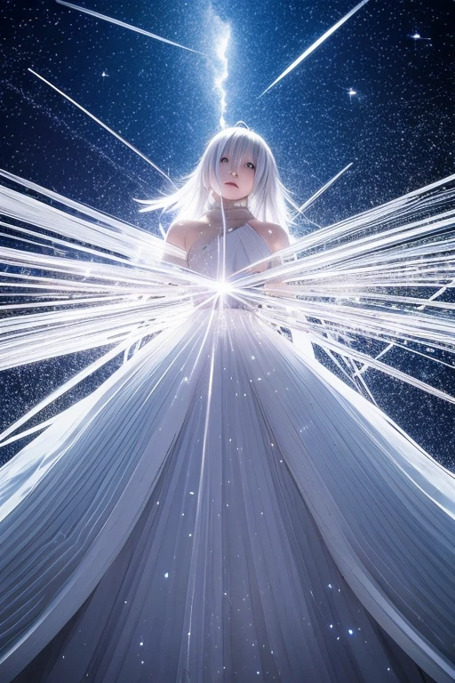 Japanese anime, Chico, alone, silver white hair, white glass fragments, crystallization, night sky, Winter night, starry sky, crossing of shooting stars, Alone, silence, Representation, Best Quality, masterpiece, Whole body, particle light effects, Representation