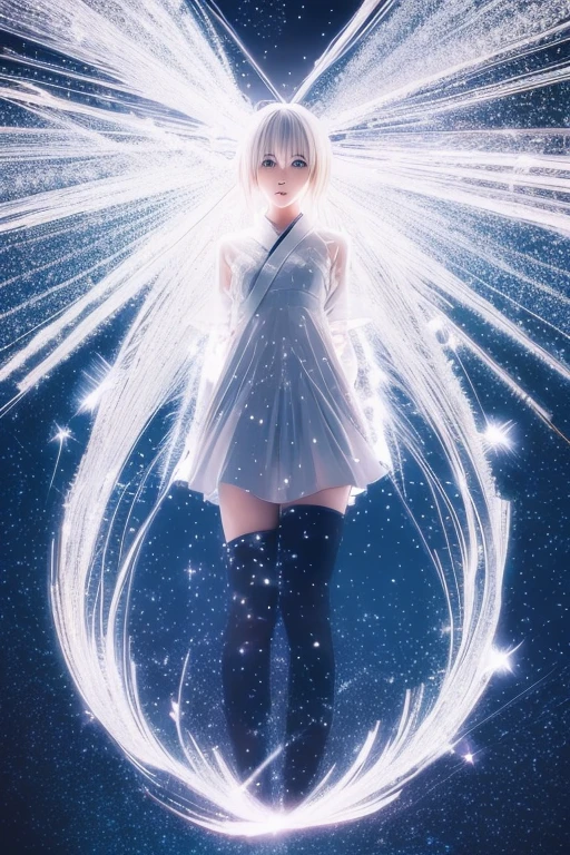 Japanese anime, Chico, alone, silver white hair, white glass fragments, crystallization, night sky, Winter night, starry sky, crossing of shooting stars, Alone, silence, Representation, Best Quality, masterpiece, Whole body, particle light effects, Representation