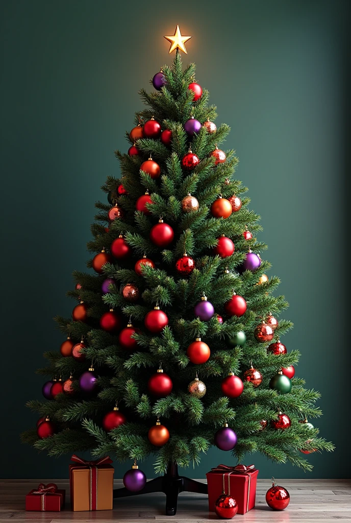 Simple green Christmas tree with red, purple and orange baubles