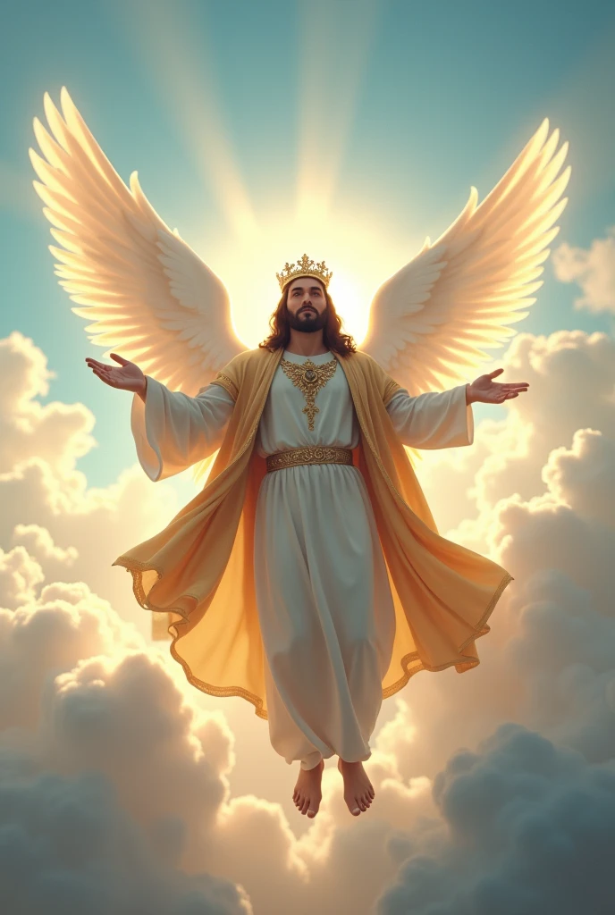 (photorealism:1.2), handsome Jesus Christ, floating in the sky with bigger white wing behind, wearing the king blue clothes and crown in the clouds of heaven, elegant king clothes, long nice hair, outdoors, soft lighting, clouds and blue sky in a background, btighter sunlight, perfect face of Jesus Christ, relaxed pose, realistic, intricate details, warm colors,