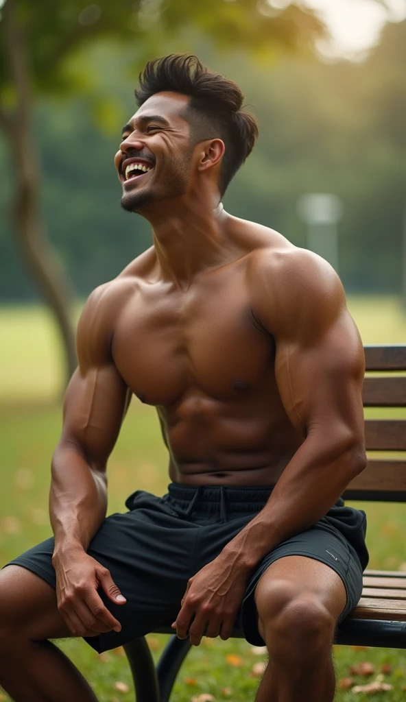photorealistic, best quality, masterpiece, extremely detailed, sexy, homoerotic, extremely handsome, youthful, 25 year old muscular malay man, ((muscular bodybuilder)), ((massive thighs)), active wear, sweaty, big smile, happy, sitting on bench, relaxed posture, at park, side view, extremely romantic atmosphere, perfect face, perfect fingers, perfect hands, perfection