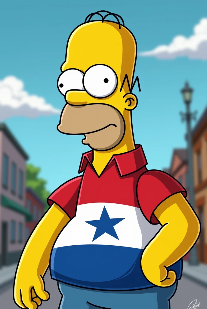 Homer Simpson wearing a shirt with the colors of the Honduran flag