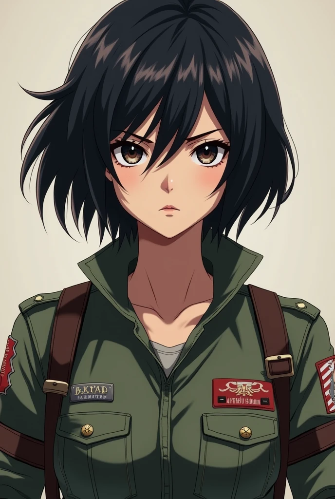 Female Uchiha character with short hair in Attack On Titan anime style with 2D features all front facing in the reconnaissance uniform