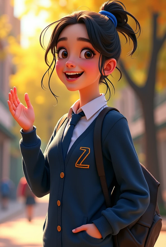 GENERATE A STUDENT pixar woman happy going to school open sweater with DARK BLUE buttons with a small thin mustard colored letter Z on the right , DARK BLUE TIE AND WHITE SHIRT WITHOUT JACKET, showing something with the hand
