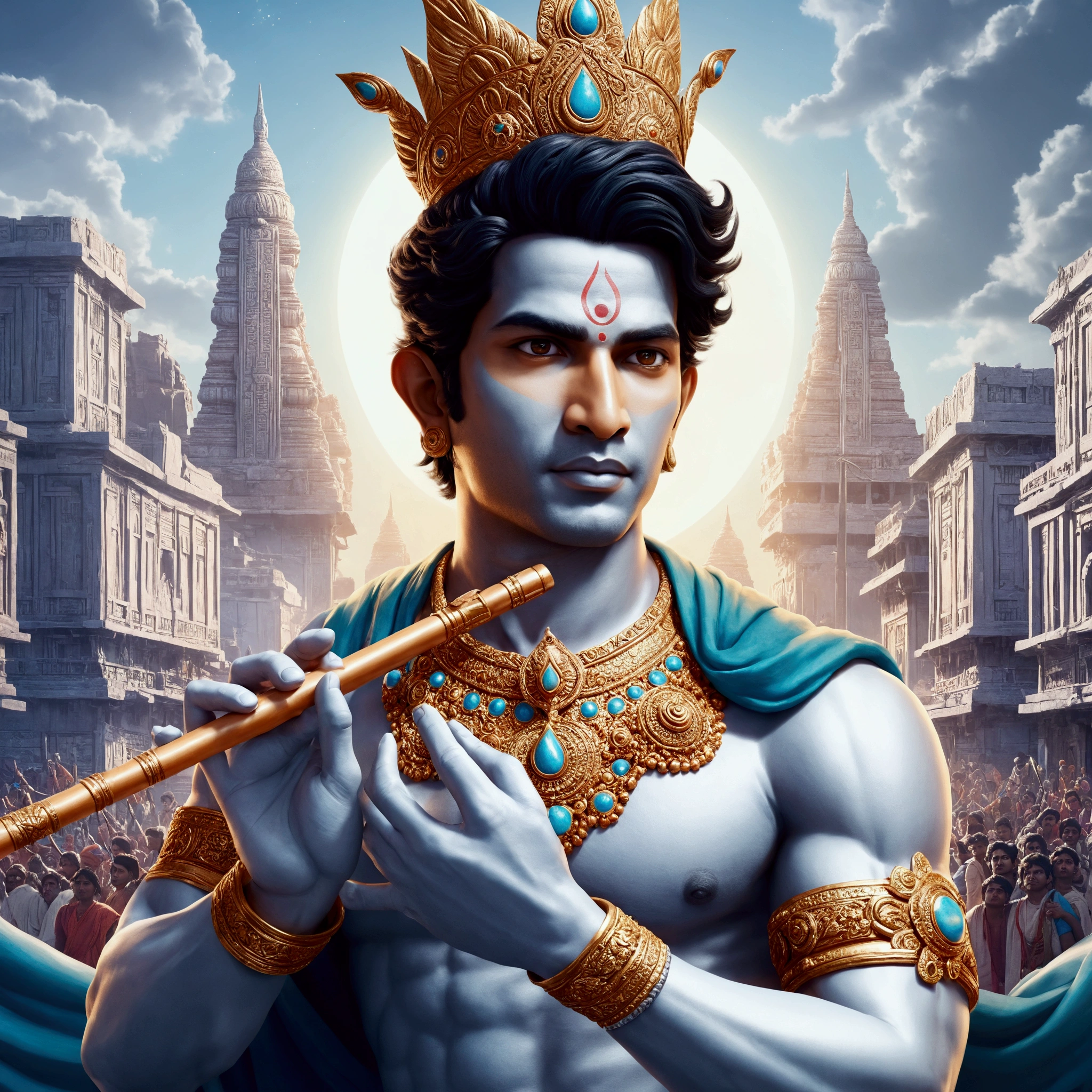 a close up of a man holding a flute in a city, attractive male deity, vishnu, inspired by Kailash Chandra Meher, indian god, hindu aesthetic, fanart, the god of music, ashoka tano, god of moon, official fanart, cyborg hindu godbody, nivanh chanthara, god king of ai art, god of dreams