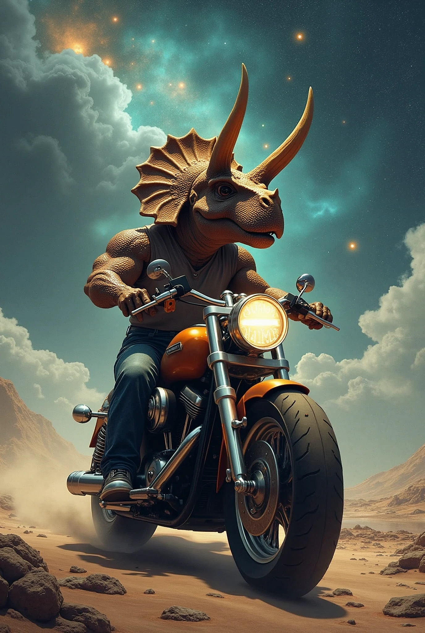Interstellar dinosaurs,Triceratops head,The human body,Riding a Harley motorcycle