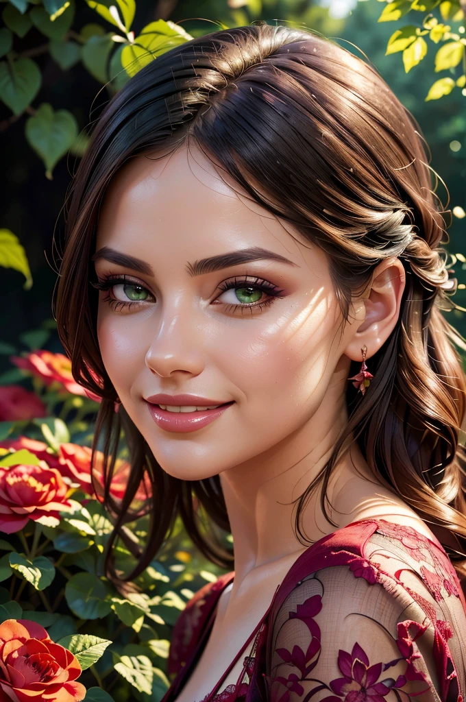 a gorgeous woman, wearing a floral Dark green and red lace outfit, portrait view, smiling, garden background, detailed face, beautiful eyes, detailed lips, long eyelashes, photorealistic, hyper detailed, 8k, high quality, oil painting, lush garden, vibrant colors, natural lighting, soft focus, masterpiece