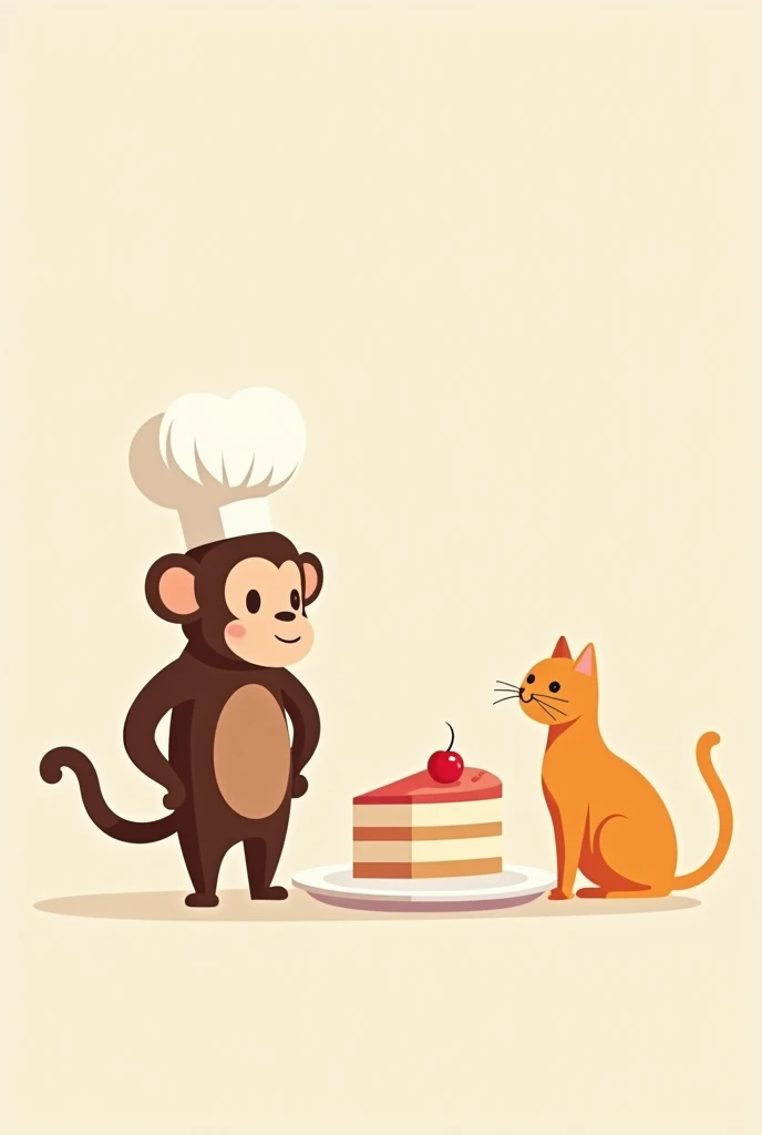 A simple 2d minimalist drawing of a brown chef monkey next to an orange cat and a cream cake